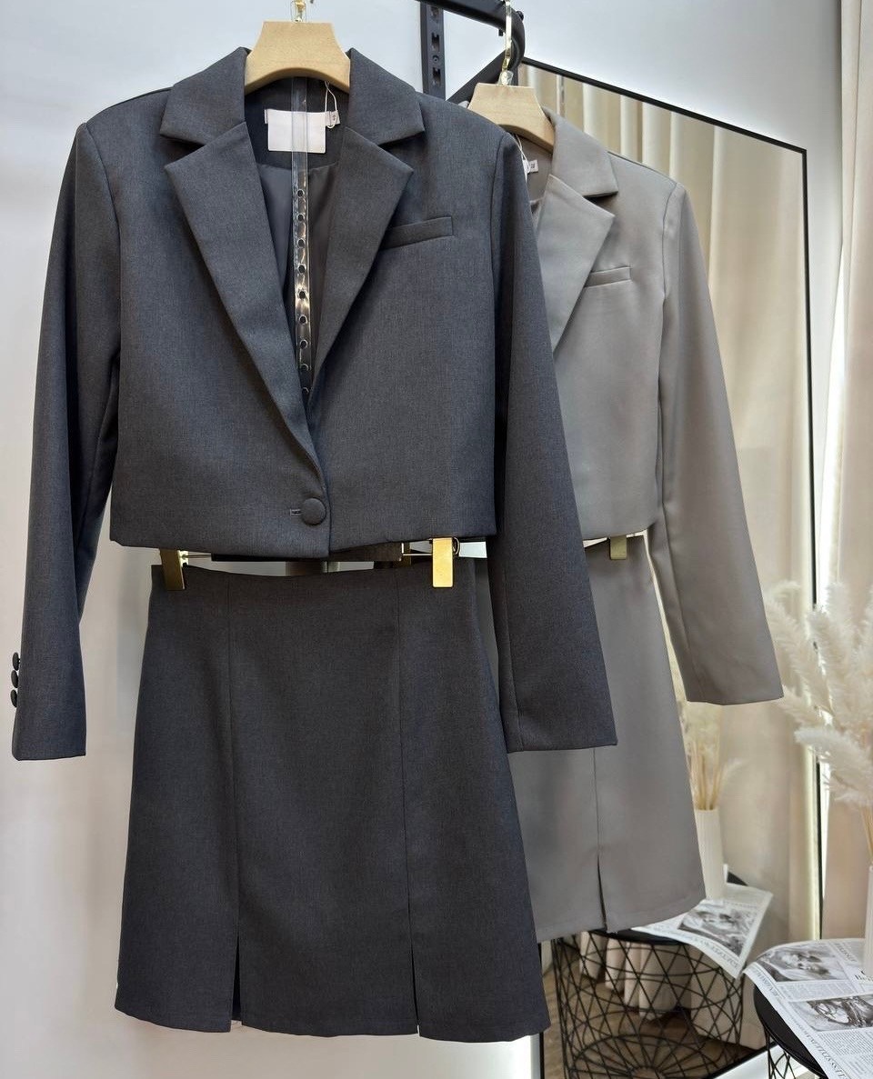 костюм двойка пиджак с юбкой evemood,костюм с юбкой,костюм двойка пиджак и юбка,костюм с юбкой деловой офисный классика the brand katrina цвет серый,костюм с укороченным пиджаком женский