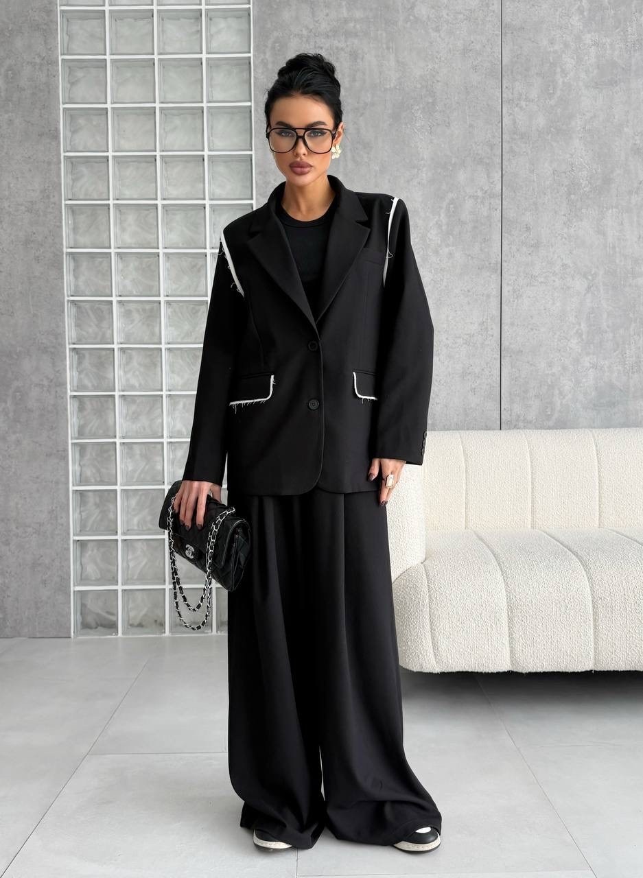 брючный костюм,стильные костюмы,костюм женский,брючный костюм черный,комплект из брюк и жакета свободного кроя attika а3442 черный