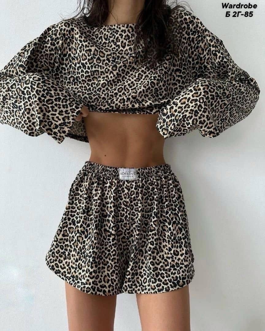 пижама с шортами и футболкой трикотажная леопардовая beamuuur,пижама женская костюм,женская пижама с шортами,пижама женская,пижама домашний комплект