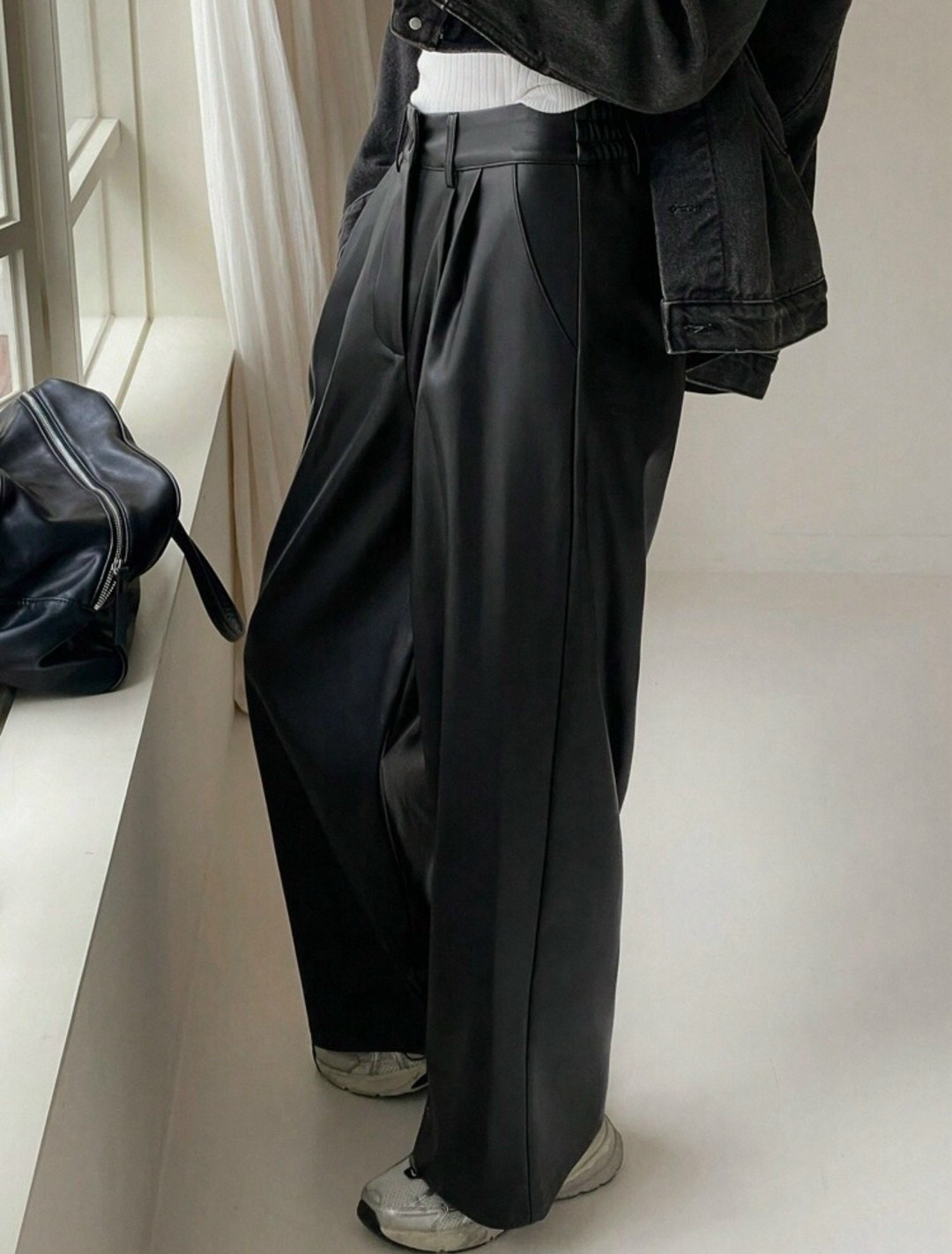 lanmrem модные широкие брюки из искусственной кожи,брюки женские широкие,широкие брюки из искусственной кожи,брюки женские из искусственной кожи,осенние модные прямые брюки из искусственной кожи