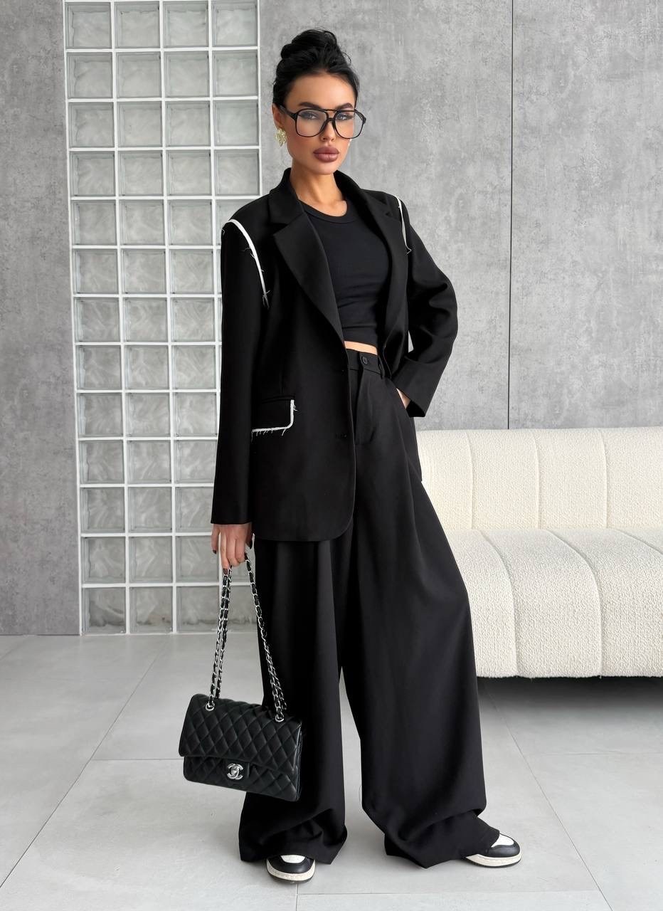 брючный костюм,стильные костюмы,костюм женский,брючный костюм черный,комплект из брюк и жакета свободного кроя attika а3442 черный