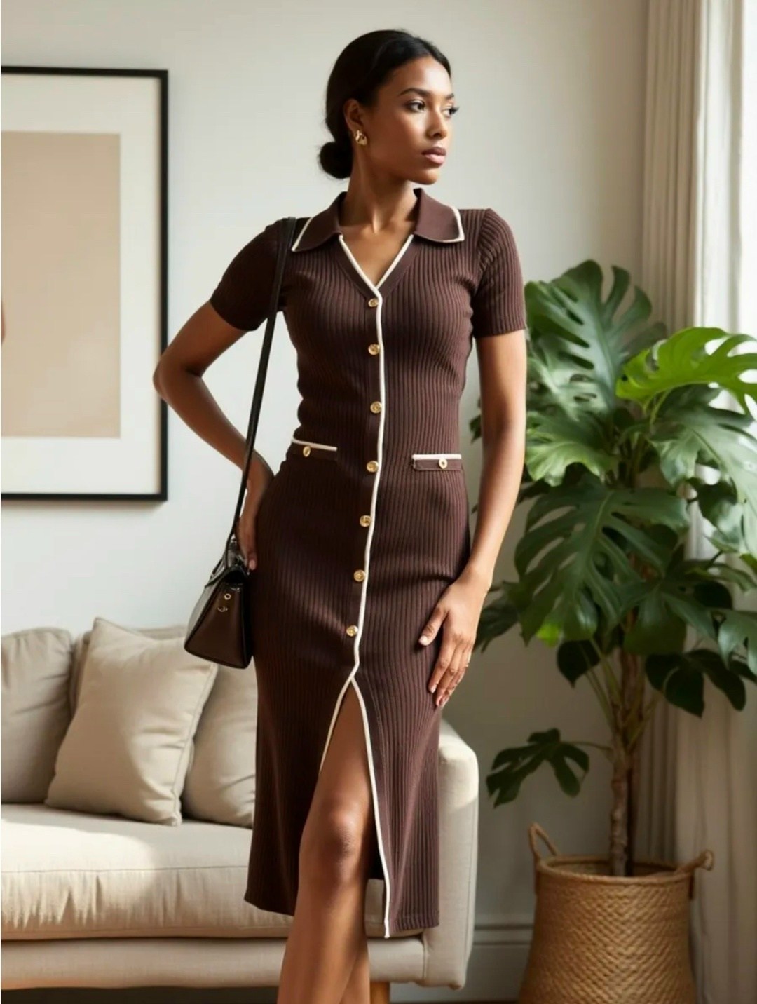 приталенное платье,платье трикотажное миди,трикотажное платье,стильное платье,платье коричневое