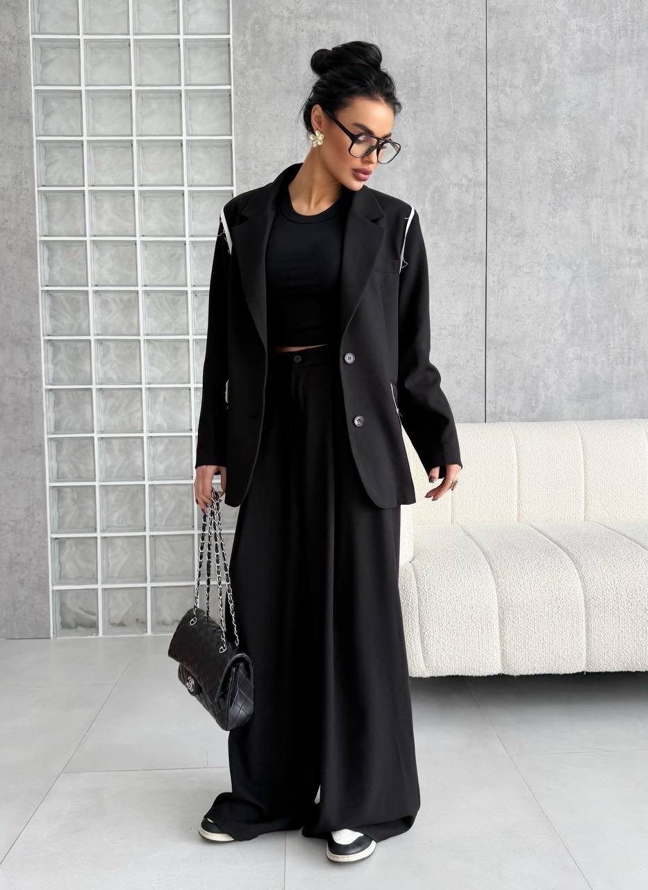 брючный костюм,стильные костюмы,костюм женский,брючный костюм черный,комплект из брюк и жакета свободного кроя attika а3442 черный