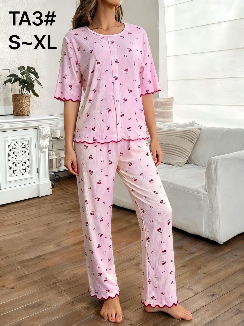 пижама женская,пижама для женщин,женская длинная пижама bella notte с принтом вишни и воротником питер пэн на пуговицах,пижама женская с брюками,пижама розовая