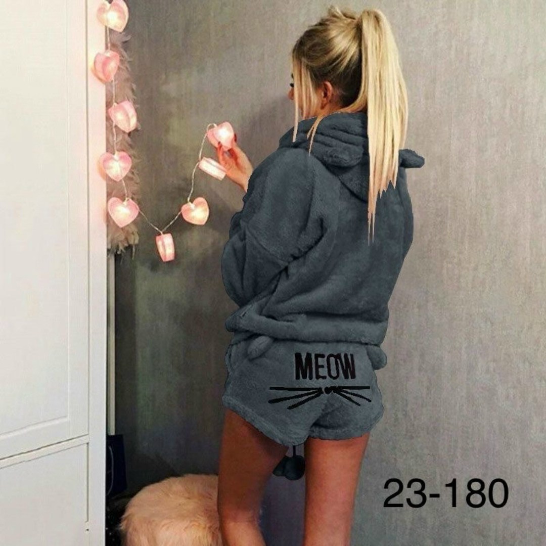 пижама с капюшоном,теплая пижама женская,плюшевая пижама meow,пижама теплая,женская пижама домашняя одежда
