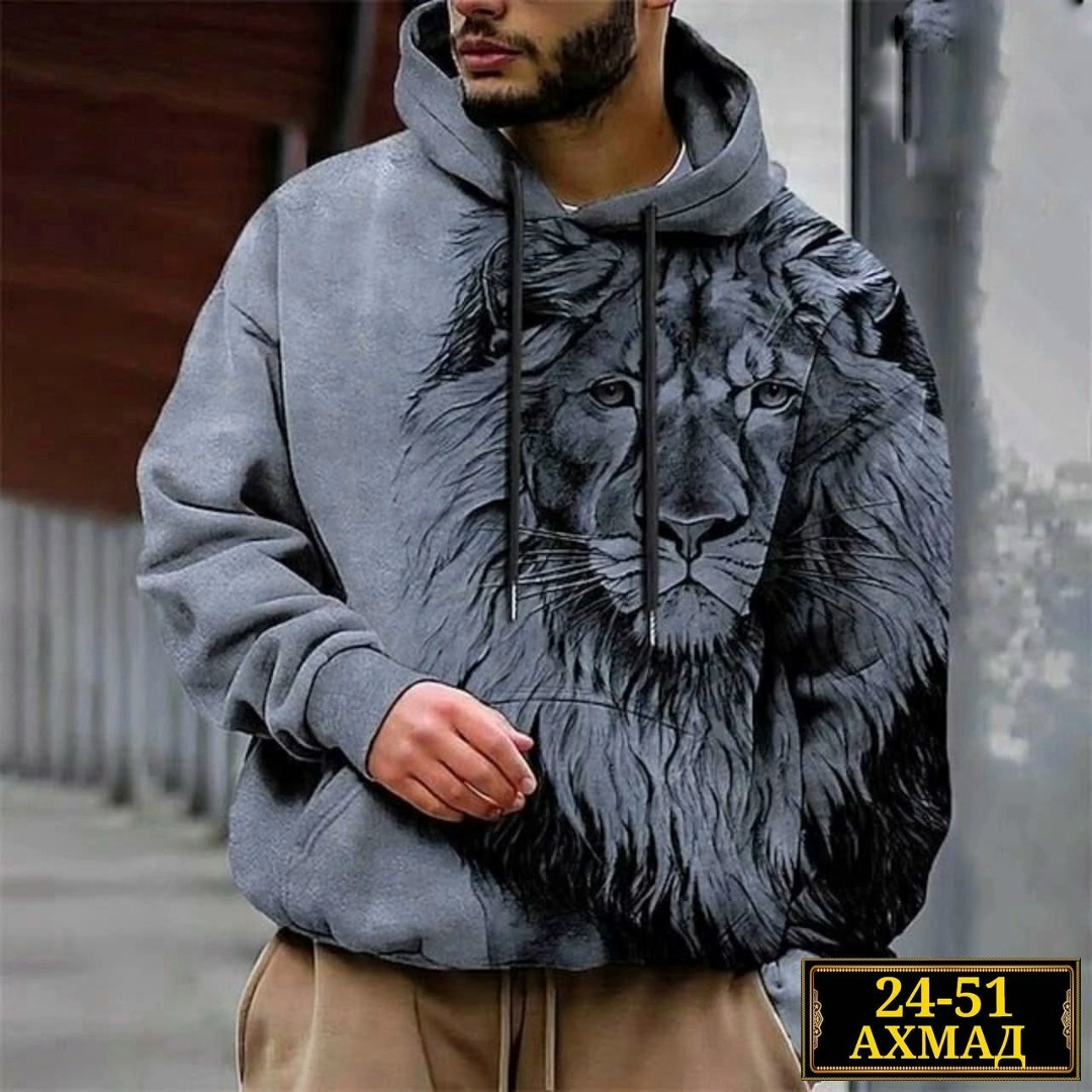 мужская толстовка с капюшоном и принтом в виде льва,толстовка мужская с капюшоном,кофта толстовка,толстовка с капюшоном с принтом,толстовка мужская