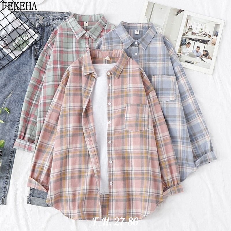 клетчатая женская рубашка,рубашка женская в клетку,клетчатая рубашка,блузка женская в клетку,классическая свободная рубашка в клетку в корейском стиле
