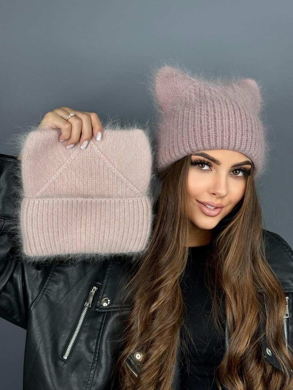 женская вязанная шапка ангора с ушками и подворотом голубая,шапка с ушками ангора,шапка ангорка с ушами,шапка с ушками ангора цвет голубой,женская вязанная шапка ангора с ушками и подворотом серый