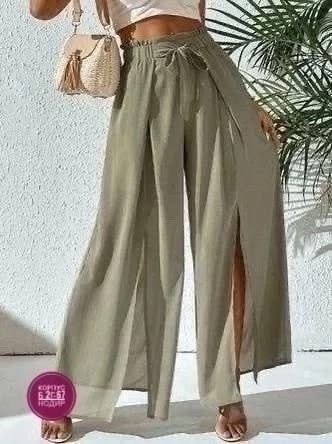 женские летние брюки с разрезами,женские широкие брюки палаццо,модные брюки,повседневные брюки,брюки на завязках