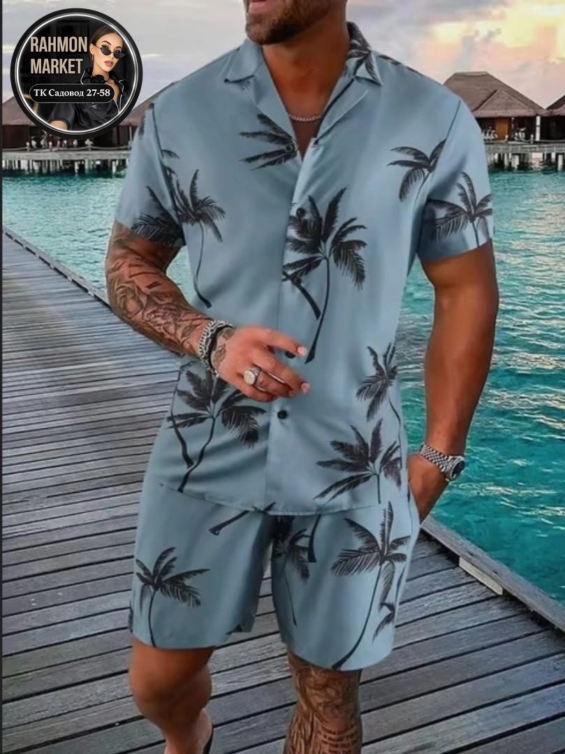 костюм летний мужской,мужская мода,пляжный костюм,мужская гавайская рубашка,мужской комплект из рубашки и шортов