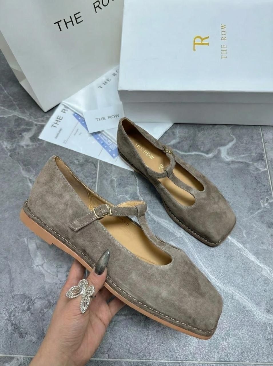 женские замшевые балетки с квадратным носом the row коричневые,, женская,модная женская ,брендовая