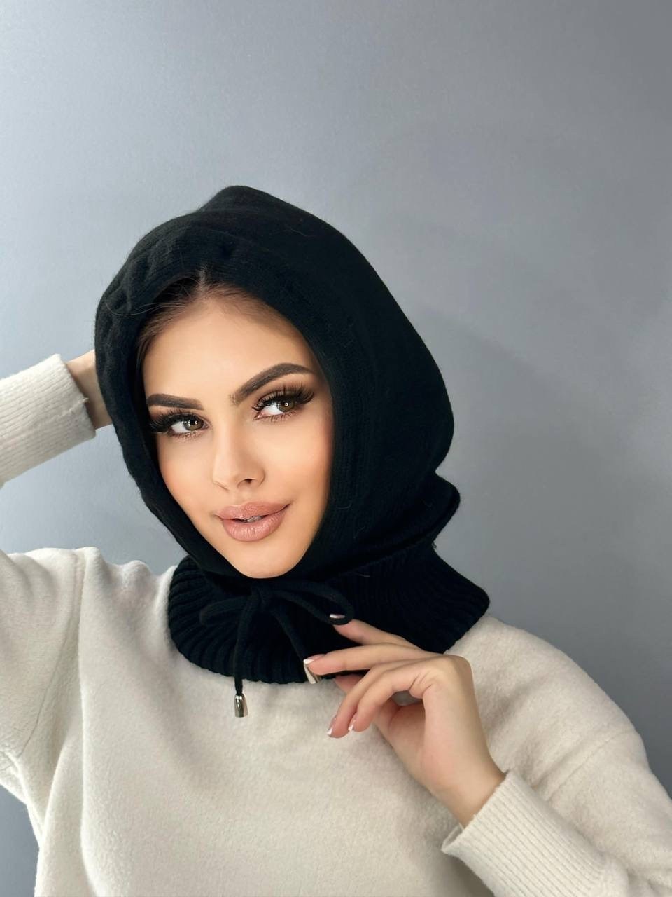 капор черный,капор женский,капор женский вязаный,капор-балаклава вязаная цвет черный,капор-балаклава вязаная