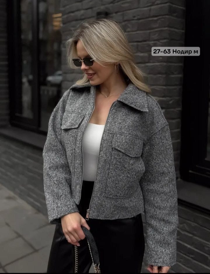 укороченная куртка из твида для женщин,куртка женская,куртка женский средне-серый политекс,куртка драповый бомбер,куртка с отложным воротником
