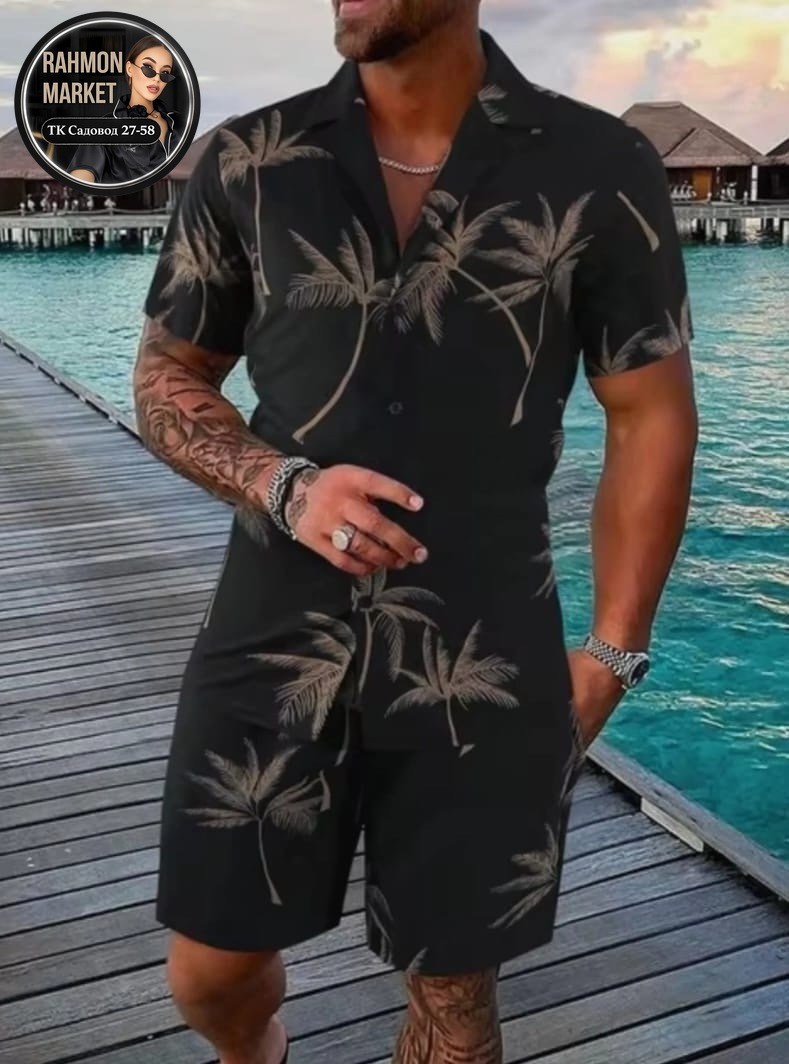 костюм летний мужской,мужская мода,пляжный костюм,мужская гавайская рубашка,мужской комплект из рубашки и шортов