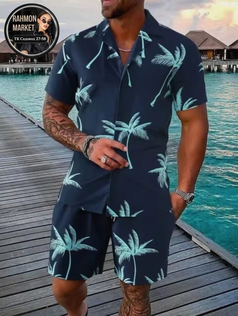 костюм летний мужской,мужская мода,пляжный костюм,мужская гавайская рубашка,мужской комплект из рубашки и шортов