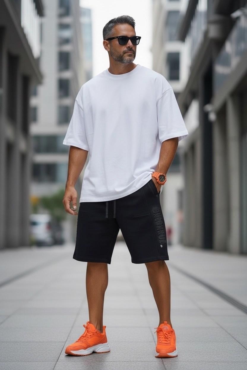 футболки мужские,оранжевая футболка,мужские шорты,мужская мода,оранжевые шорты