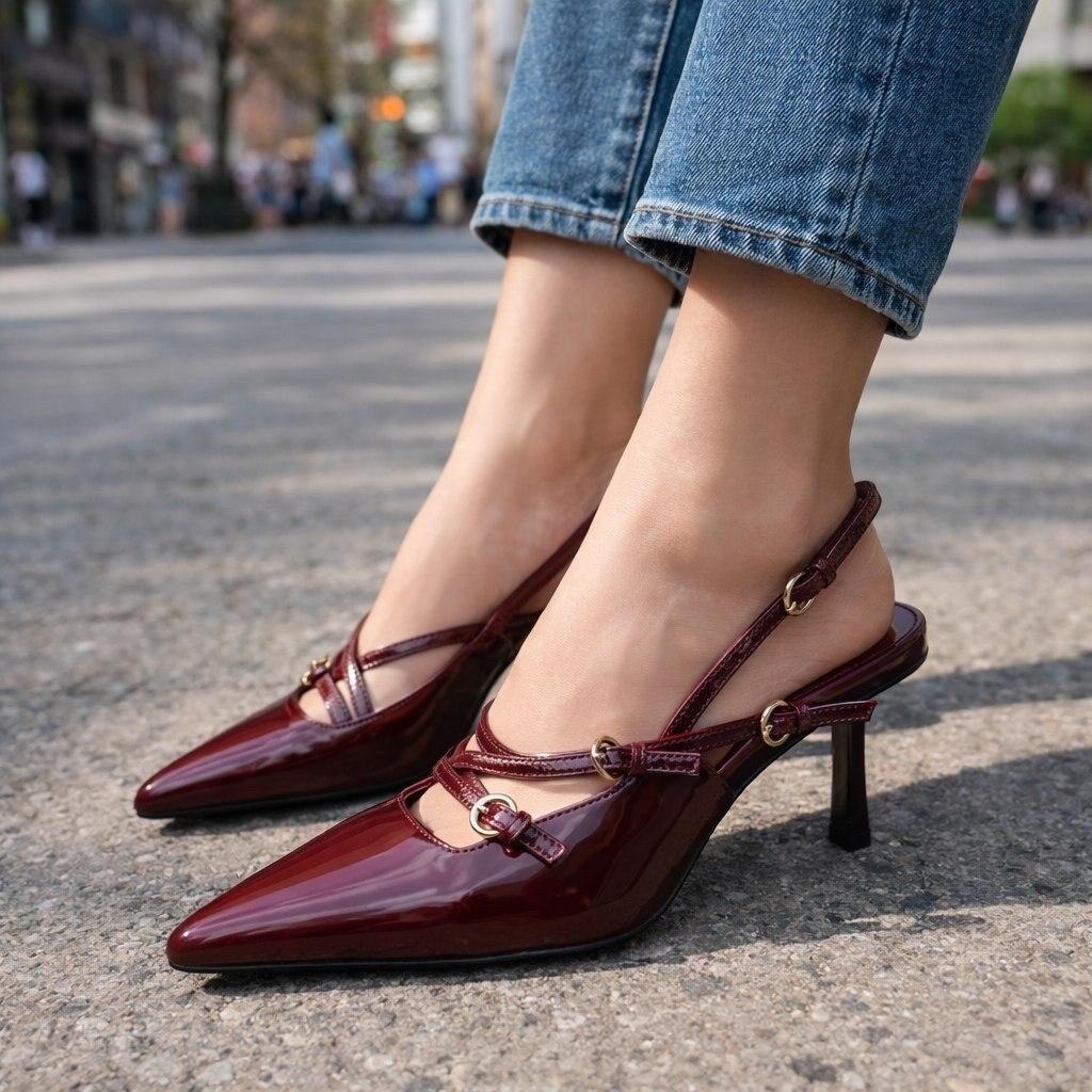 туфли слингбэки на низком каблуке lady boss,женские туфли лодочки,женские бордовые туфли на шпильке из лакированной кожи,туфли лакированные,бордовые туфли