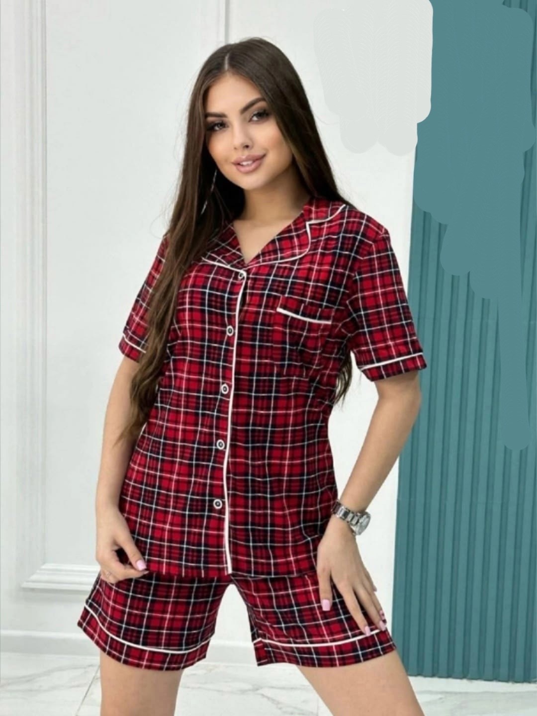 женская пижама с рубашкой и шортами красная клетка,пижама женская хоум стайл красная клетка,пижама в клетку,женская пижама,пижама женская рубашка шорты