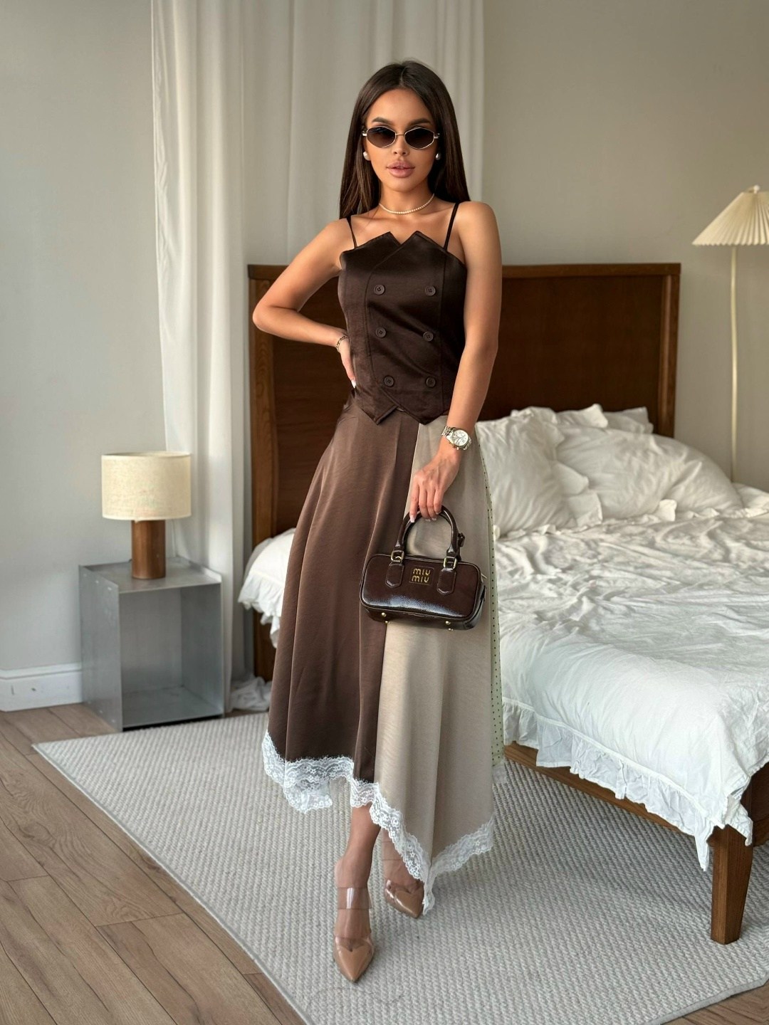 стильная юбка,юбка,юбка атласная,юбка с топом,атласная коричневая юбка