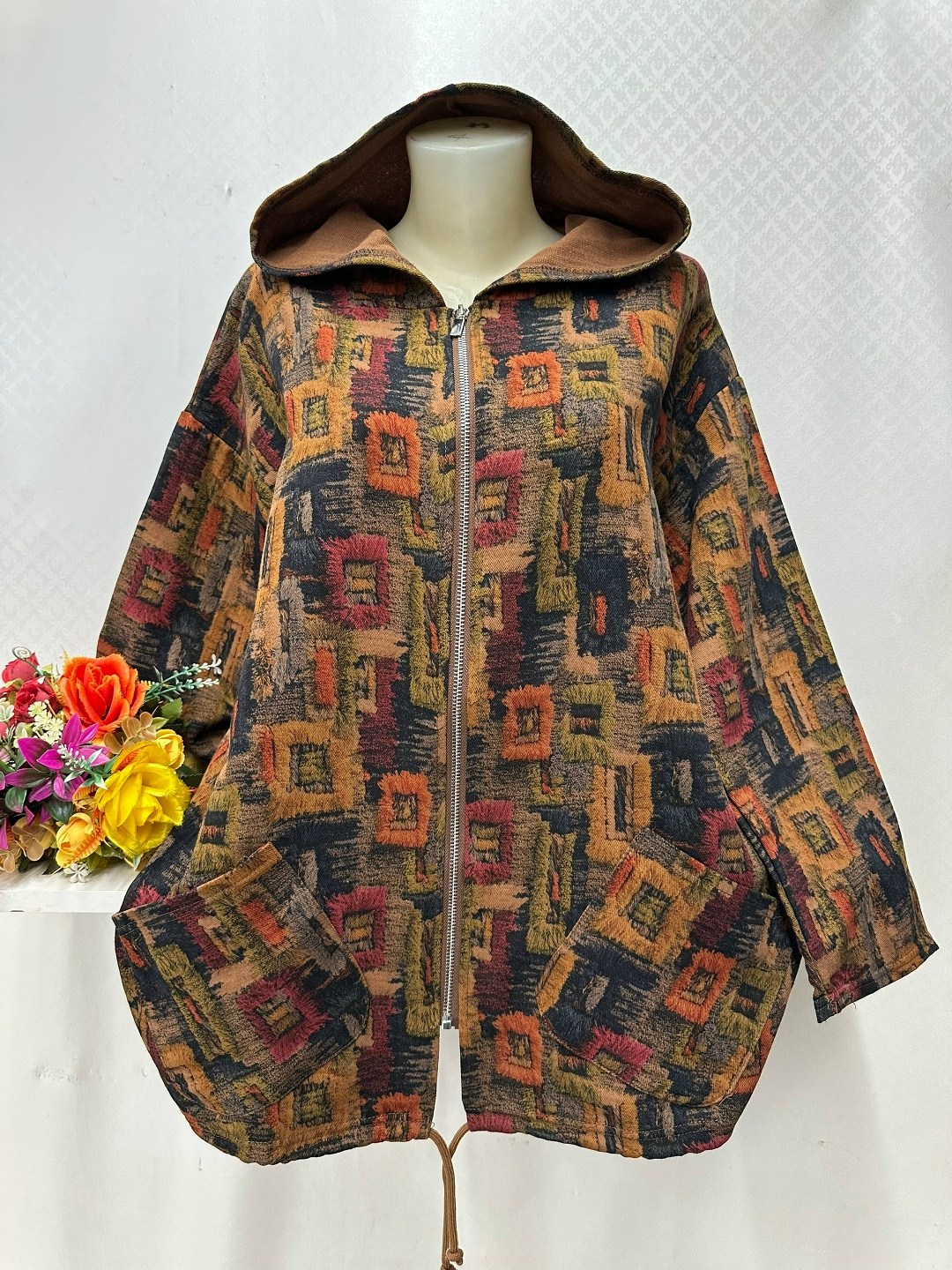 куртка женская,женская куртка средней длины с капюшоном и карманами в этническом стиле с длинными рукавами,женский пуловер с капюшоном и карманами в этническом стиле,легкая куртка,женский этнический п