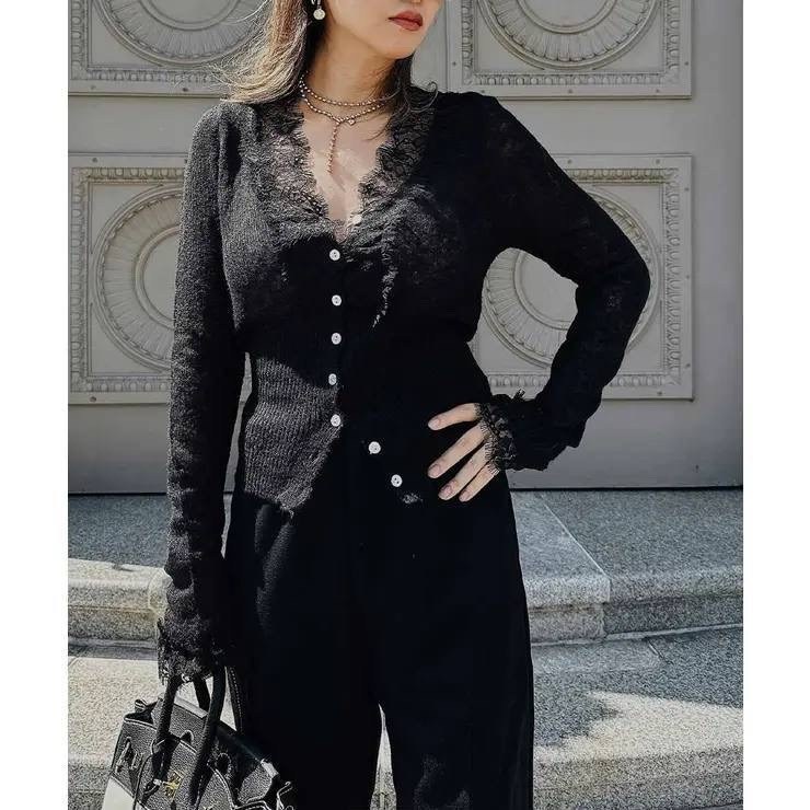 женская кружевная блузка на пуговицах с длинным рукавом и v-образным вырезом,кружевной кардиган,женский кружевной свитер,кружевная блузка,женская кружевная блузка