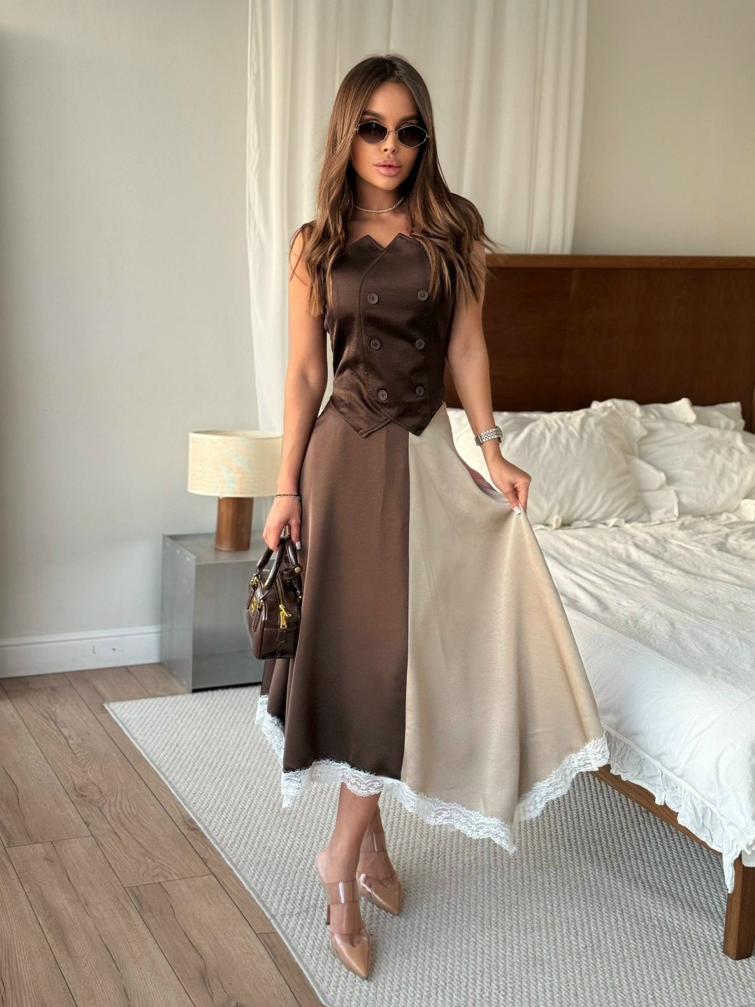 стильная юбка,юбка,юбка атласная,юбка с топом,атласная коричневая юбка