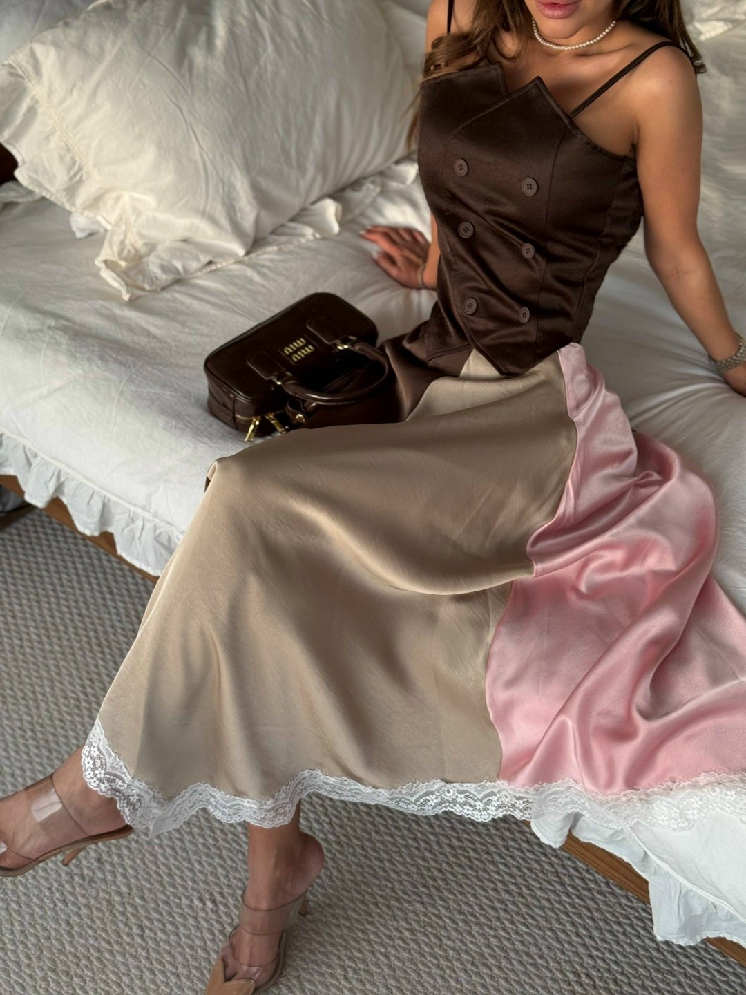 стильная юбка,юбка,юбка атласная,юбка с топом,атласная коричневая юбка