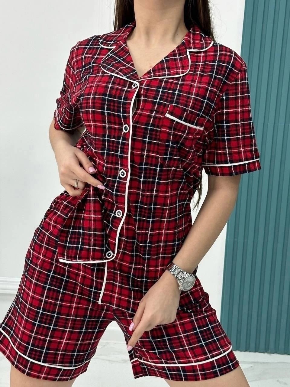 женская пижама с рубашкой и шортами красная клетка,пижама женская хоум стайл красная клетка,пижама в клетку,женская пижама,пижама женская рубашка шорты