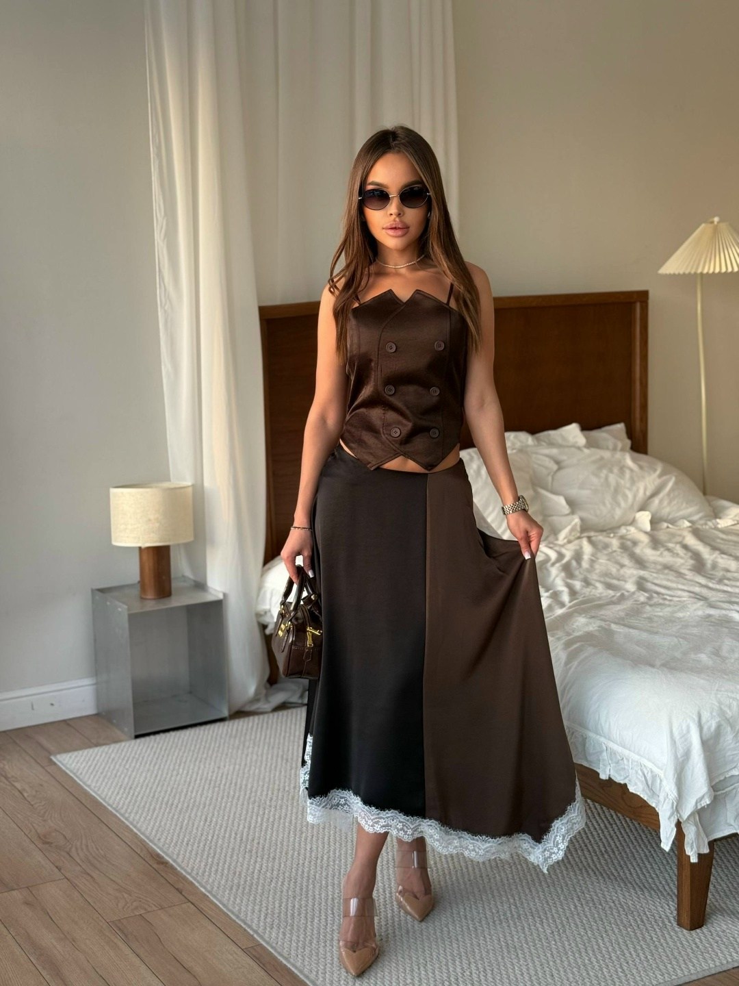 стильная юбка,юбка,юбка атласная,юбка с топом,атласная коричневая юбка