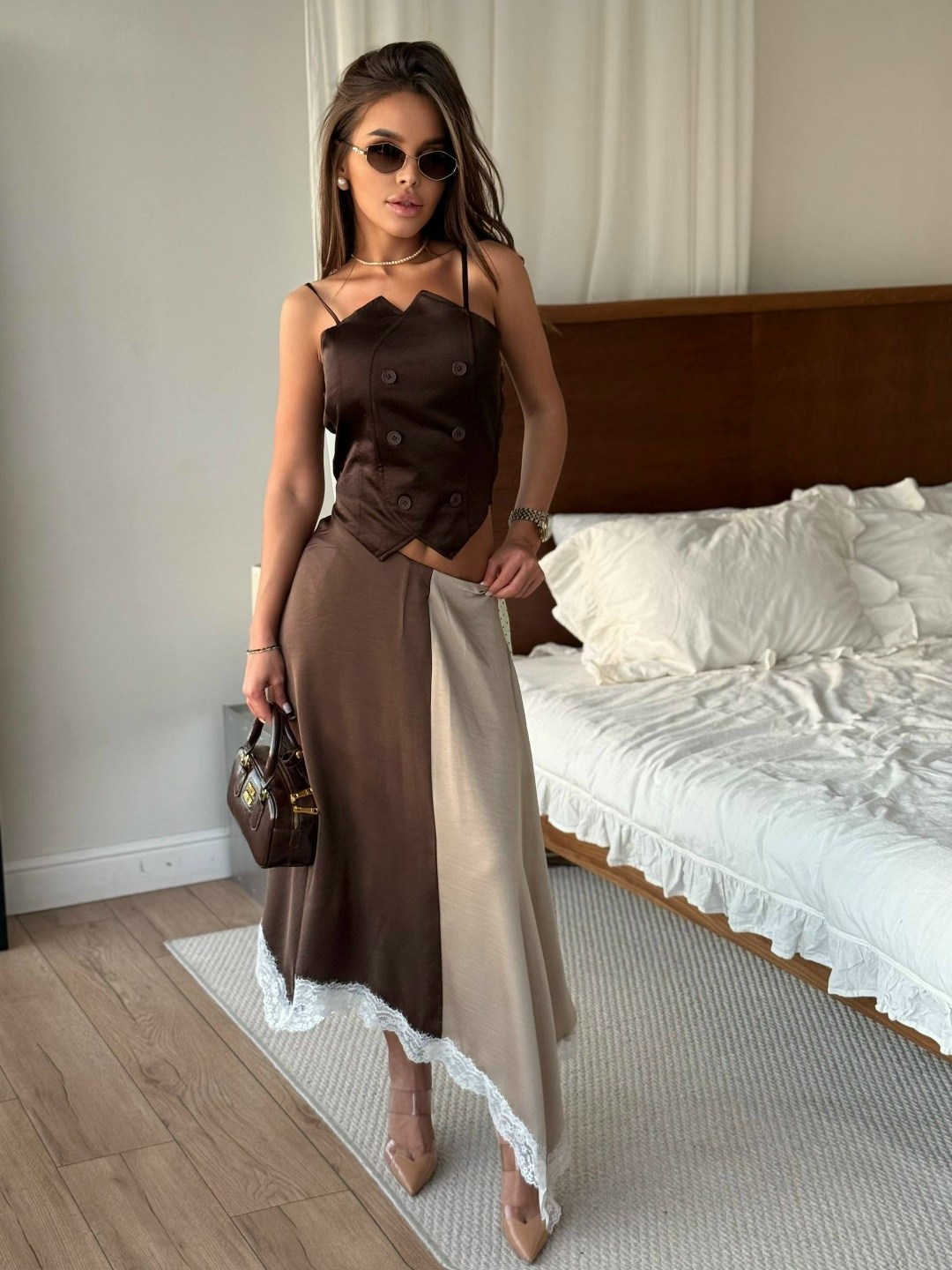 стильная юбка,юбка,юбка атласная,юбка с топом,атласная коричневая юбка