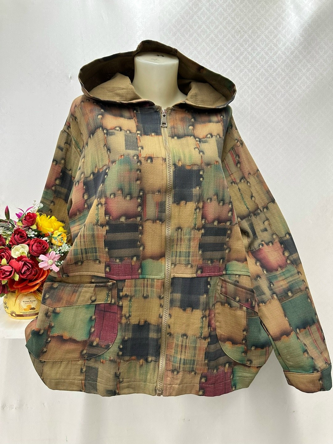 куртка женская,женская куртка средней длины с капюшоном и карманами в этническом стиле с длинными рукавами,женский пуловер с капюшоном и карманами в этническом стиле,легкая куртка,женский этнический п