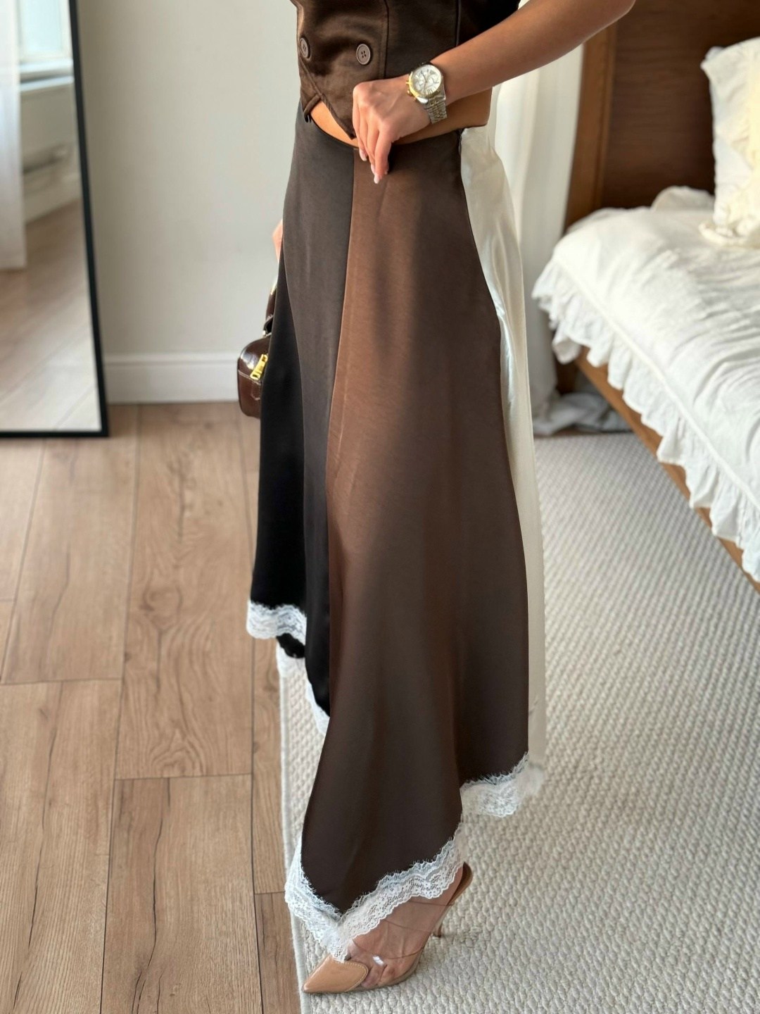 стильная юбка,юбка,юбка атласная,юбка с топом,атласная коричневая юбка