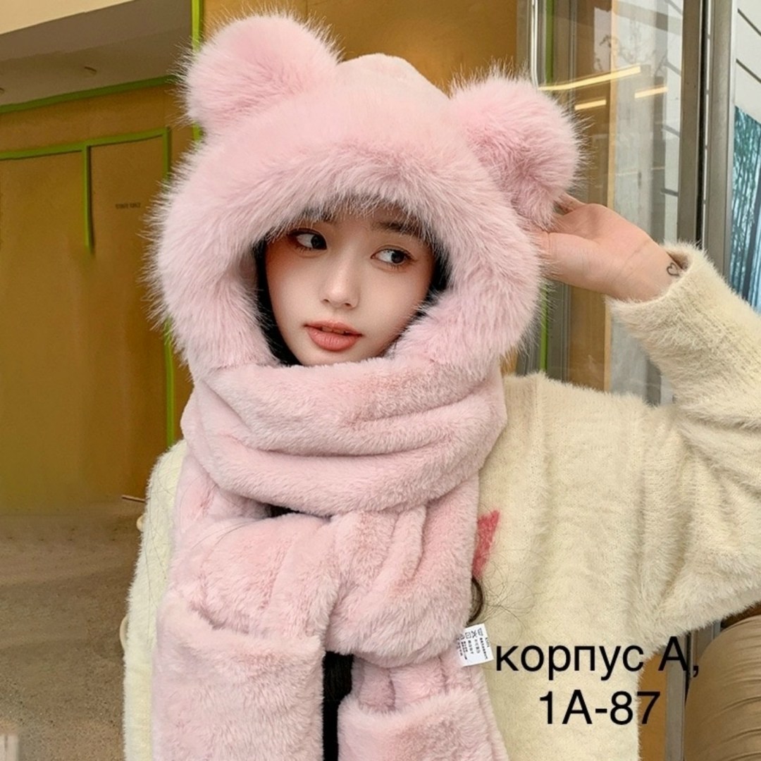 плюшевая шапка,шапка шарф с ушками и с кармашками,шапка шарф с ушками мишки,шапка шарф с ушками медведь,шапка шарф с ушками