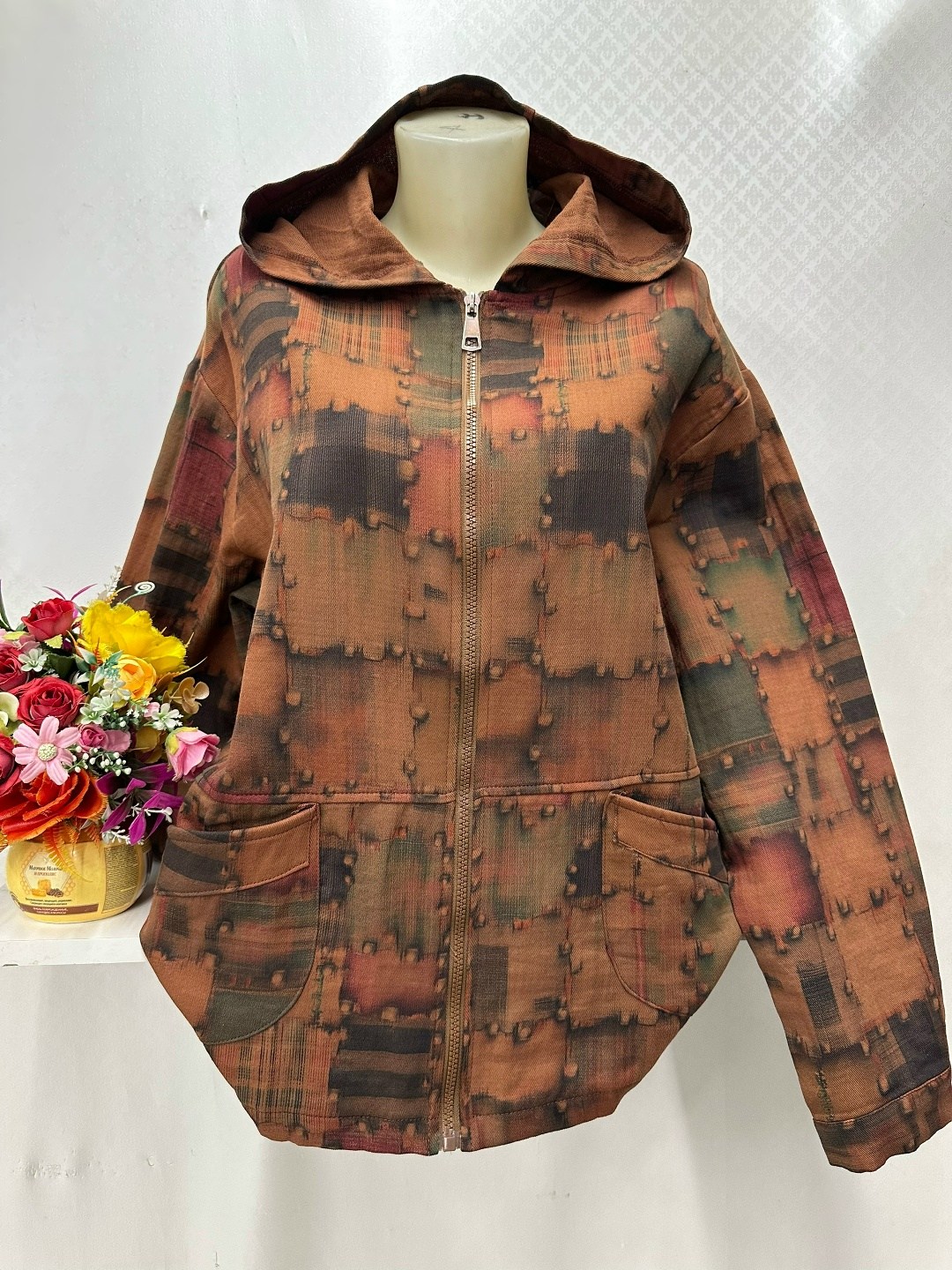 куртка женская,женская куртка средней длины с капюшоном и карманами в этническом стиле с длинными рукавами,женский пуловер с капюшоном и карманами в этническом стиле,легкая куртка,женский этнический п