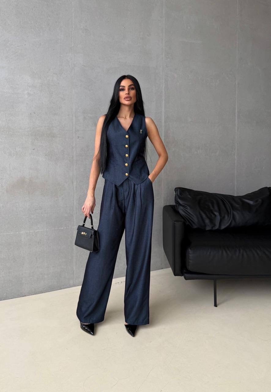 женский брючный костюм,костюм брюки палаццо и жилетка,брючный костюм с жилетом,костюм-двойка жилетка + брюки палаццо,модный классический костюм с брюками и жилеткой