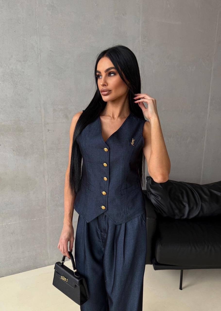 женский брючный костюм,костюм брюки палаццо и жилетка,брючный костюм с жилетом,костюм-двойка жилетка + брюки палаццо,модный классический костюм с брюками и жилеткой