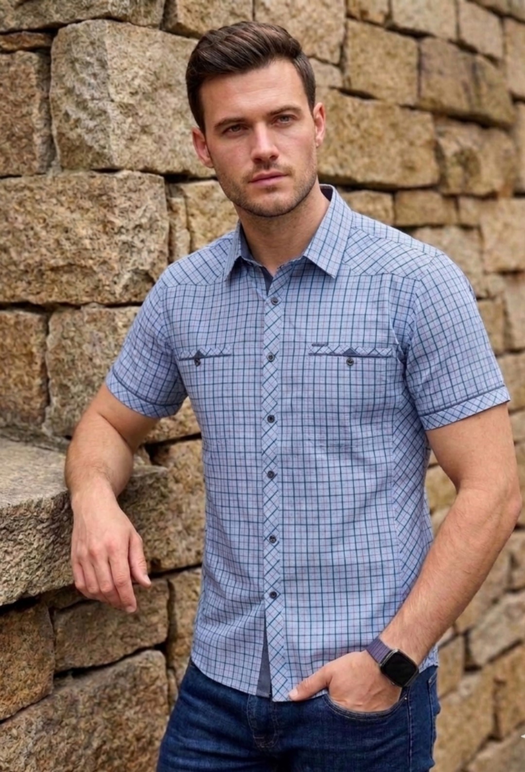 рубашка с короткими рукавами в клетку,рубашка с коротким рукавом,рубашка с коротким рукавом в клетку italomania,мужская рубашка,мужская мода