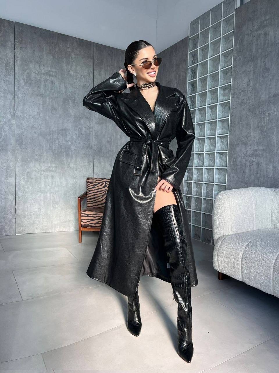 плащ тренч кожаный,тренч кожаный,тренч кожаный длинный плащ emberens,плащ кожаный,кожаный плащ женский