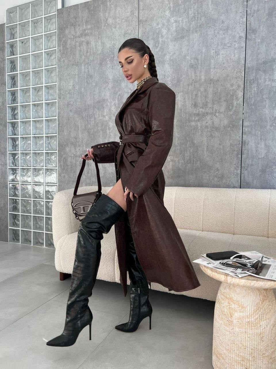 плащ тренч кожаный,тренч кожаный,тренч кожаный длинный плащ emberens,плащ кожаный,кожаный плащ женский