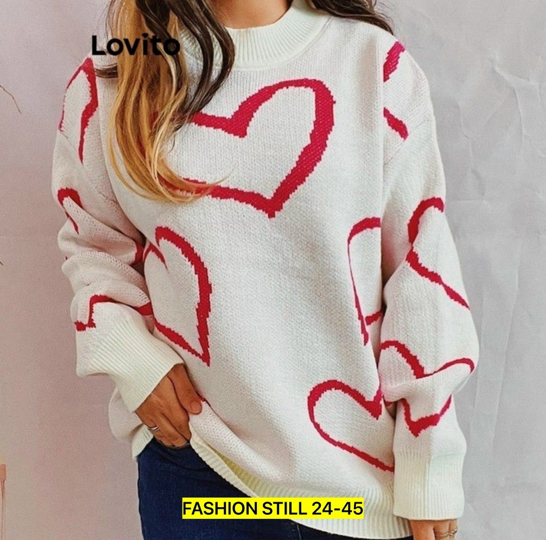 свитер с сердечками,джемпер с сердечками,shein qutie heart pattern drop shoulder sweater,свитер с узорами,модные свитера