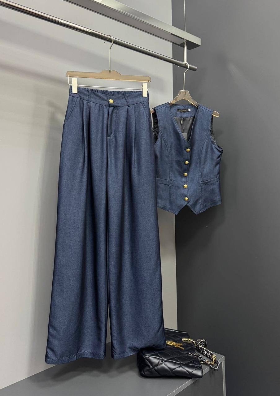 женский брючный костюм,костюм брюки палаццо и жилетка,брючный костюм с жилетом,костюм-двойка жилетка + брюки палаццо,модный классический костюм с брюками и жилеткой