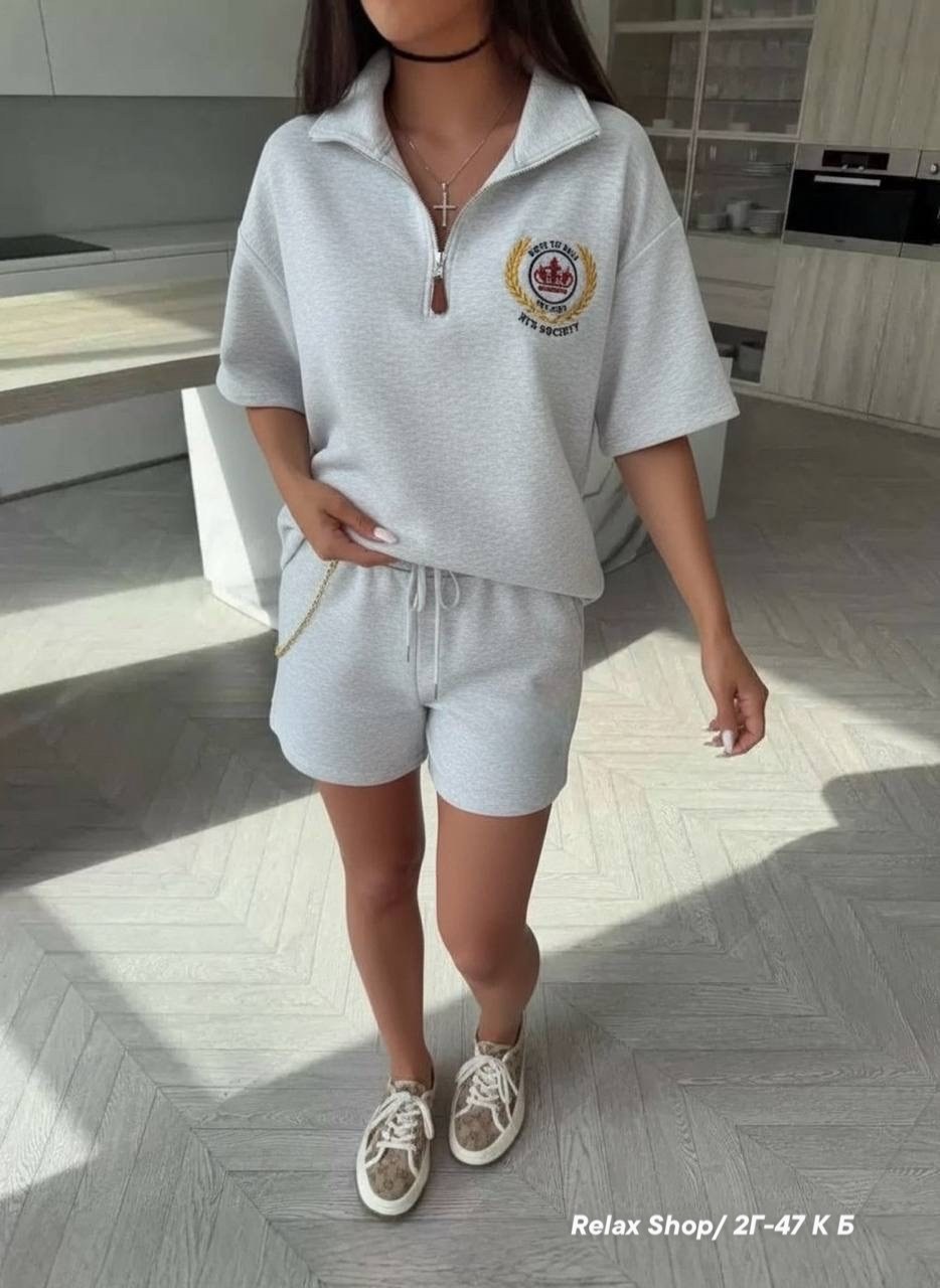 костюм с шортами и футболкой поло летний insomand,женский костюм,спортивный костюм женский,костюм женский летний спортивный,костюм женский серый
