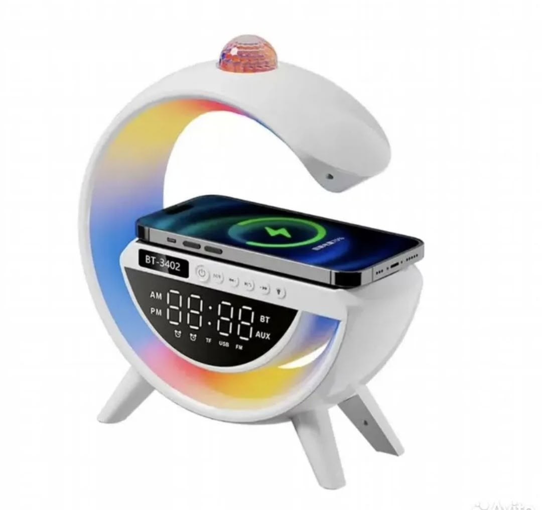 многофункциональный умный светильник ночник с беспроводной зарядкой для телефона bluetooth - колонка с часами и будильником,часы светомузыка будильник колонка зарядка 3402,умные часы беспроводная заря