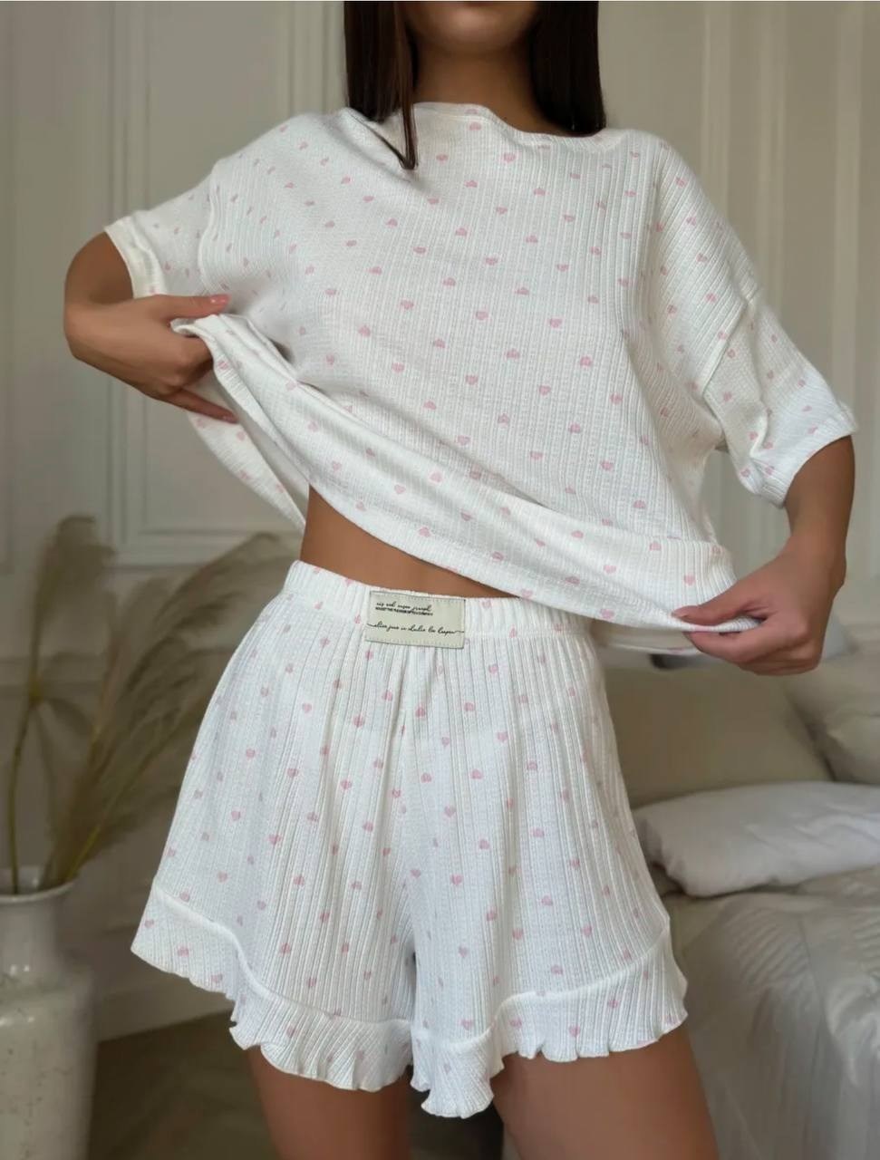 пижама женская с шортами из хлопка,женская пижама с шортами,муслиновая пижама с шортами eustera 213008013,пижама хлопок,женская пижама комплект