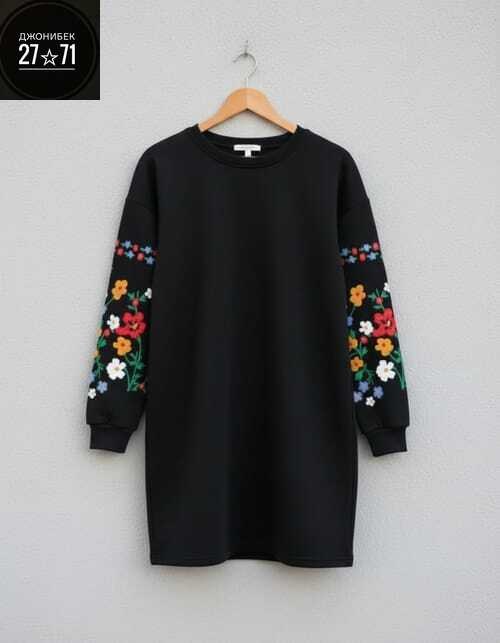 платье с вышитыми рукавами,модное платье,женское платье,платье для женщин,платье черное
