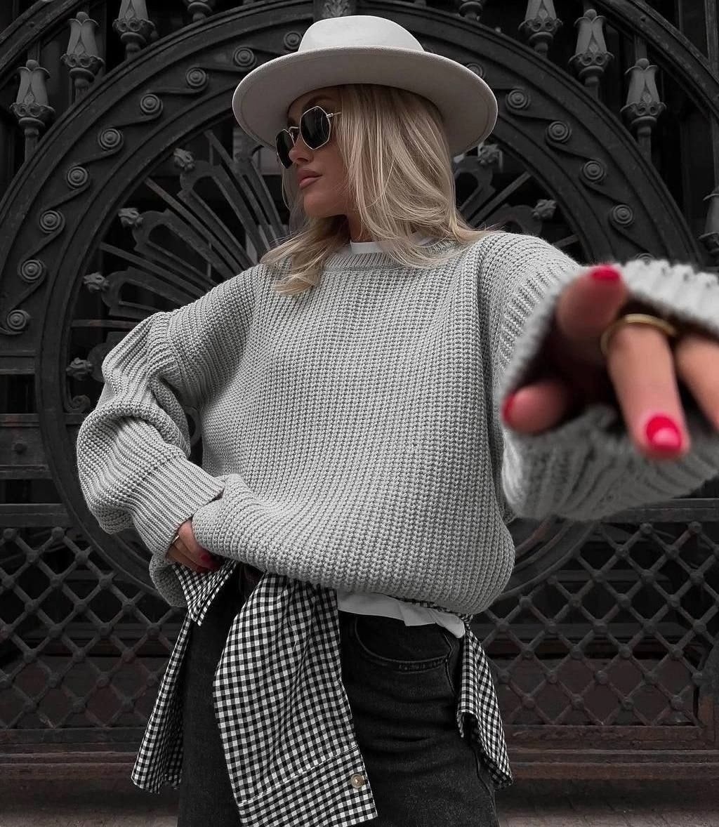 свитер женский оверсайз,свитер оверсайз вязаный удлиненный,свитер вязаный оверсайз,свитер вязаный оверсайз ft-style цвет серый светло-серый,cвитер оверсайз