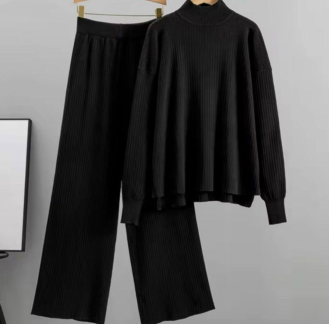 женский трикотажный костюм из двух предметов,свитер с широкими штанинами,трикотажные костюмы,женский вязаный костюм,женский трикотажный костюм с брюками