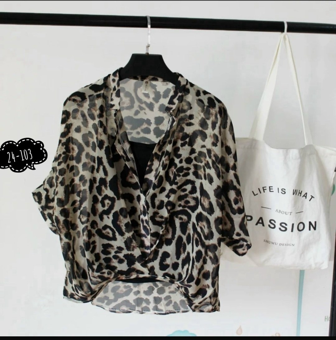 женская шифоновая рубашка с леопардовым принтом,женская шифоновая блузка с леопардовым принтом, полурукавом и v-образным вырезом,блузка женская шифоновая рубашка с леопардовым принтом арт. 11273940,бл