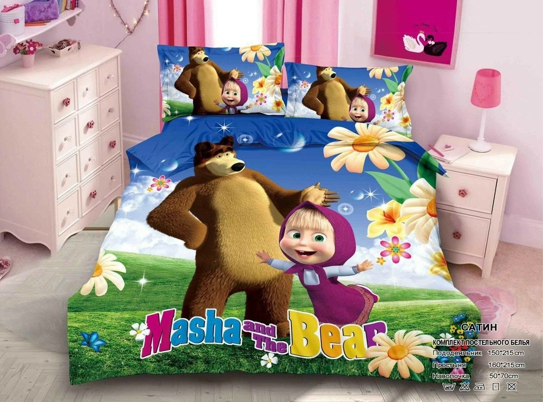 постельное белье маша и медведь 1.5,постельное белье маша и медведь 1.5 сатин,постельное белье 1 5 спальное детское,комплект детского постельного белья,комплект постельного белья маша и медведь