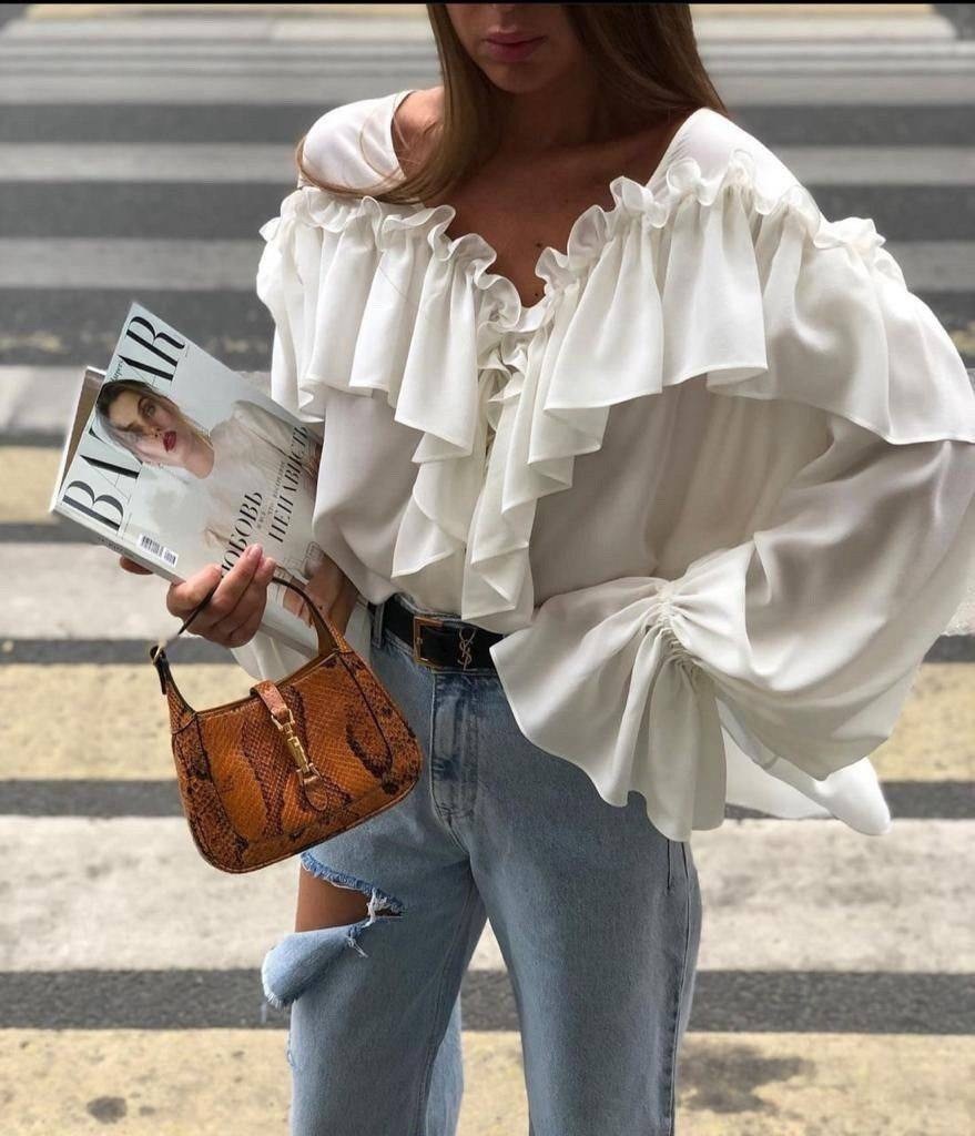 блузка с рюшами,нарядная блузка с воланами,блузка с оборками,блузка с джинсами,стильные наряды